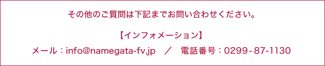 その他のご質問は下記までお問い合わせください。 【インフォーメーション】 メール:info@namegata-fv.jp / 電話番号:0299-87-1130
